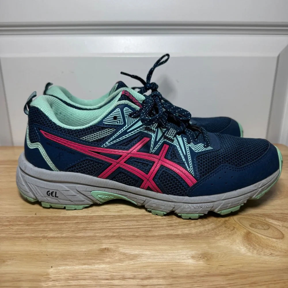 ASICS Gel-Venture 8 Women Navy Pink Mint Trail Running Shoes 1012B230 Size 8.5